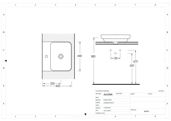Alvona  44 cm Batarya Delikli Lavabo-Beyaz